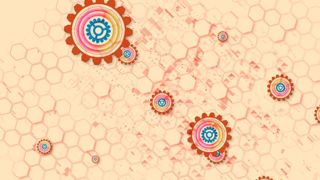 Jolly 3d illustration of cyber security cogwheels of light brown, blue and rosy colors in the light pink background. They move diagonally and create the mood of dynamism.