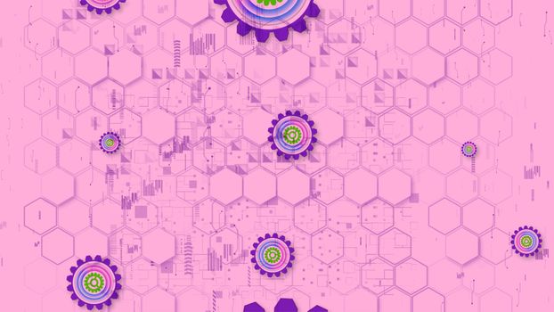 Kiddy 3d illustration of cyber security cogwheels of light green, rosy and violet colors in the pink background from hexagons. They look childish and cheerful.