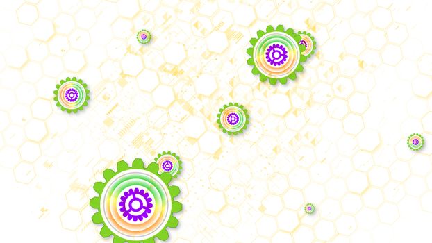Optimistic 3d illustration of cyber security cogwheels of light brown, green and violet colors in the white background. They soar and spin shaping the mood of joy and innovation.
