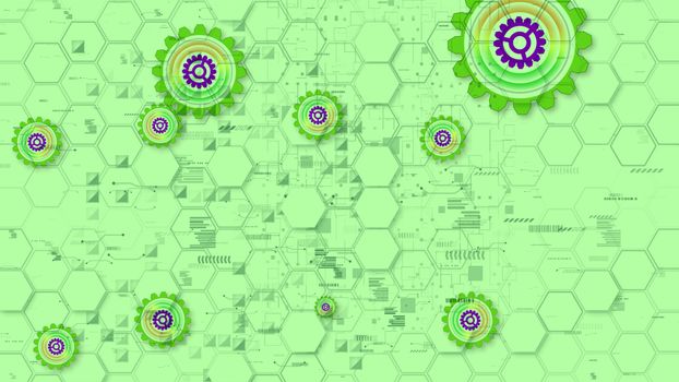 Magnificent 3d illustration of cyber security cogwheels of salad, violet and yellow colors in the light green background from hexagons, triangles and brackets. They look cheery.