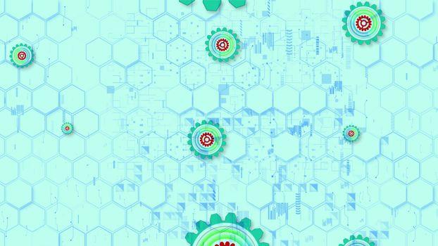 Optimistic 3d illustration of cyber security cogwheels of celeste, purple and green colors in the light blue background from hexagons, brackets and squares. They look fine.