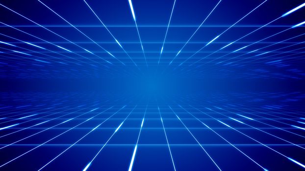 Sci-fi 3d illustration of a time portal looking like two moving surfaces covered with square networks in the blue background. It generates the mood of future and technology.