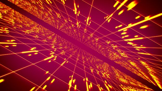 Cheerful 3d illustration of time portal from two inclined surfaces covered with golden square nets and streaming lines in the pink background. It creates the mood of luxury and fest.