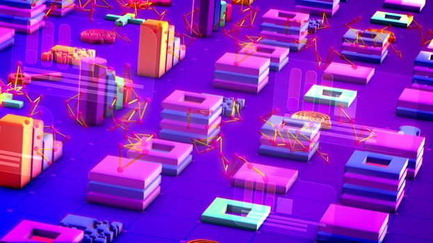 Exciting 3d illustration of multicolored bar graphs, rows of squares, long keys, large pluses and entangled triangulars in the blue backdrop. They generate the spirit of high technology.