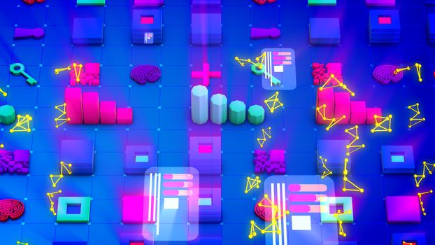 Artistic 3d illustration of multicolored bar graphs, stripes of squares, long keys, large pluses, yellow triangulars and flat pc chips in the blue backdrop. They look childish. 