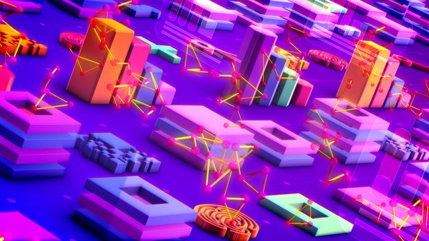 Jolly 3d illustration of colorful bar graphs, lines of squares, lengthy keys, large pluses, square mazes, and bright golden triangulars in the violet background. It looks optimistic.