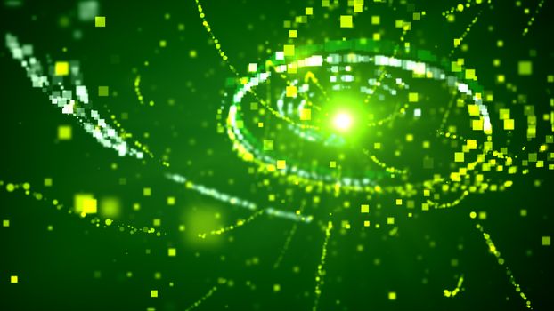 Impressive 3d illustration of a space sphere with many yellow and white circles inside with particle waves spinning around in the dark green background. It looks mysterious.