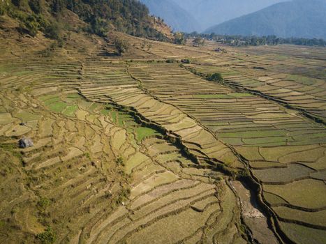 Aerial view of rural landscape in central Nepal. Paddy fields and hills in winter.