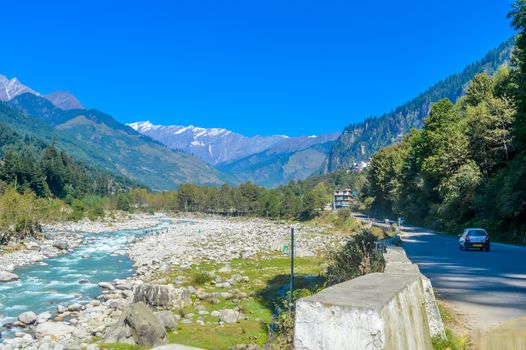 Beautiful landscape panorama view Himalayan valley of "MANALI-LEH-ROAD, KULLU, JAMMU AND KASHMIR, HIMACHAL PRADESH, INDIA, ASIA
