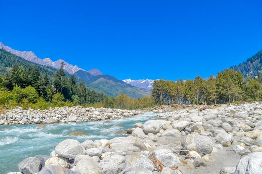 Beautiful landscape panorama view Himalayan valley of "MANALI-LEH-ROAD, KULLU, JAMMU AND KASHMIR, HIMACHAL PRADESH, INDIA, ASIA