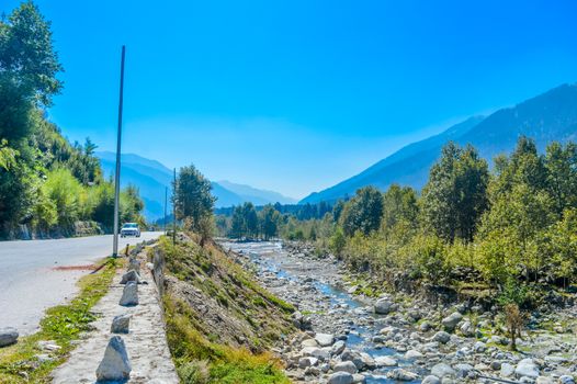 Beautiful landscape panorama view Himalayan valley of "MANALI-LEH-ROAD, KULLU, JAMMU AND KASHMIR, HIMACHAL PRADESH, INDIA, ASIA