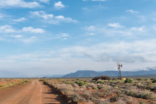 A road landscape in the Tankwa Karoo of South Africa. A windmill and dam are visible