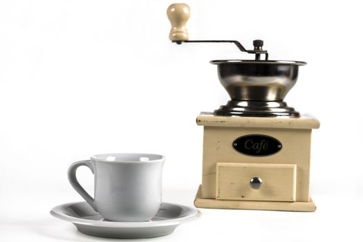 Old Manual Wooden Coffee Grinder on White Background