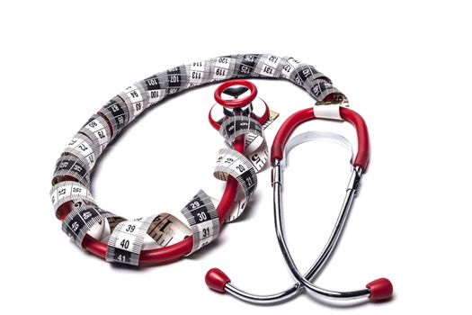 Red Stethoscope With Black Measuring Tape Isolated on White
