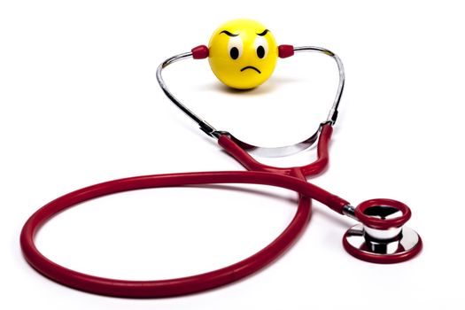 Isolated Red Stethoscope With Sad Face on White Background