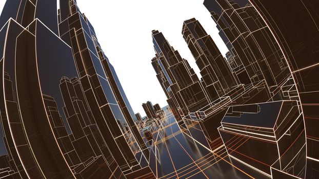 Abstract 3D city with luminous lines and black mirror buildings. The concept of new technologies. 3d illustration