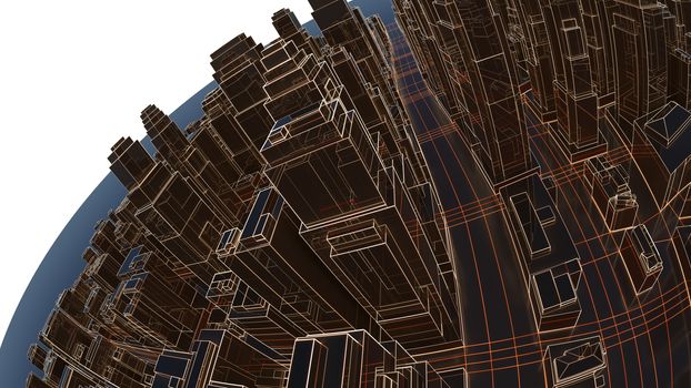 Abstract 3D city with luminous lines and black mirror buildings. The concept of new technologies. 3d illustration