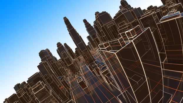 Abstract 3D city with luminous lines and black mirror buildings. The concept of new technologies. 3d illustration