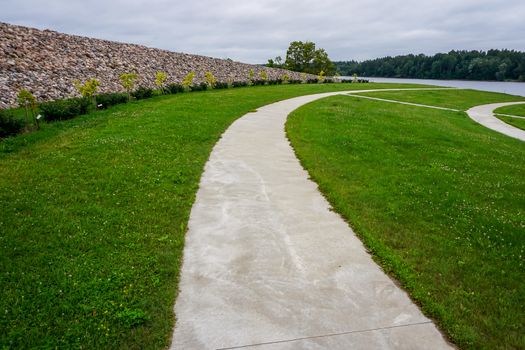 Garden of Destinies is a monumental architectural ensemble on the Daugava Island in Koknese. Scenery of stones and way in Koknese in the park Garden of Destinies in Latvia. Garden in Koknese.