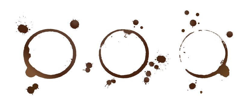 Vector illustration of brown coffee cup or mug stain rings and drops isolated on white background