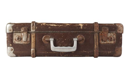 Old Brown used and weathered suitcase isolated on white background