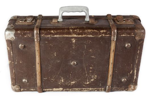 Old Brown used and weathered suitcase isolated on white background