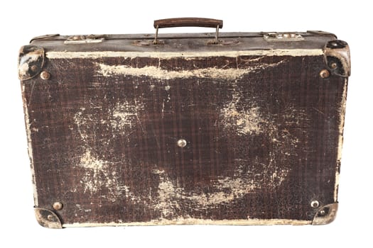 Old Brown used and weathered suitcase isolated on white background