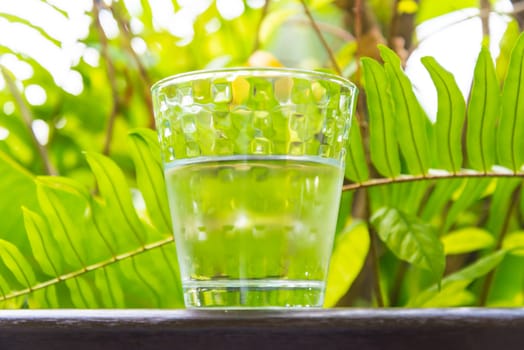 Glass of water, put on the balcony among the nature.