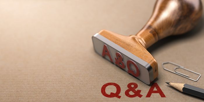 Q and A, question and answer rubber stamp over paper background. 3D illustration 