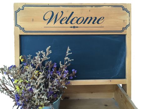 Shelves with blackboard and a welcome message