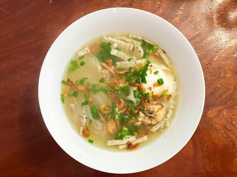 Noodles on wooden table. Asian food, Thai food.