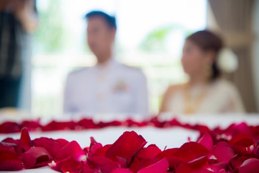 Roses placed on the the bed in wedding day. bridal house