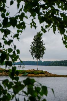 Daugava River near Koknese. Island with birch and boat in Daugava river. Landscape with birch at Daugava coast. Classical Latvian landscape. Latvian countryside. View of little island in river Daugava, Latvia.