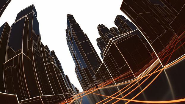 Abstract 3D city with luminous lines and black mirror buildings. The concept of new technologies. 3d illustration