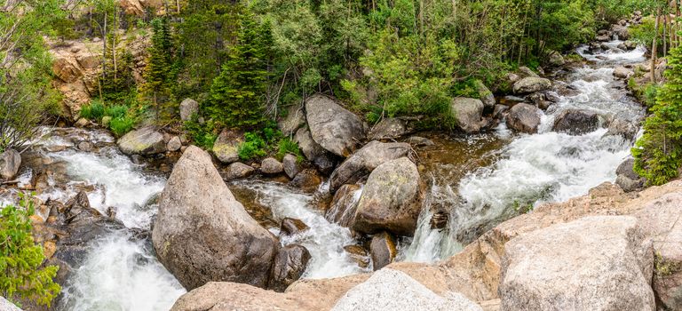 Panorama from Glacier Creek Trail to Alberta Falls in Rocky Mountain National Park, Colorado