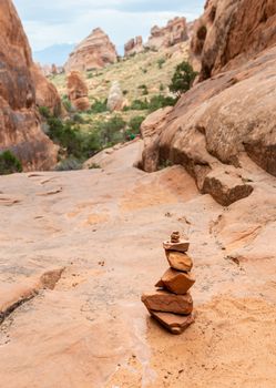 Cairn marker in Devils Garden Trail in Arches National Park, Utah