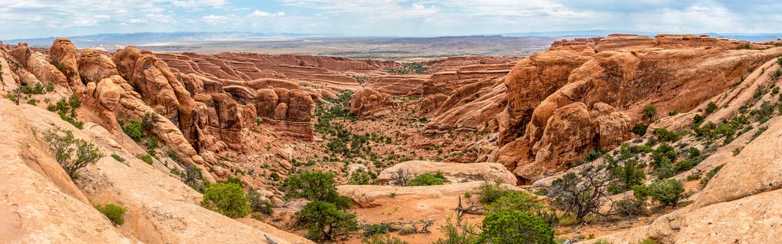 Panorama of Fin Canyon seen from Devils Garden Trail in Arches National Park, Utah