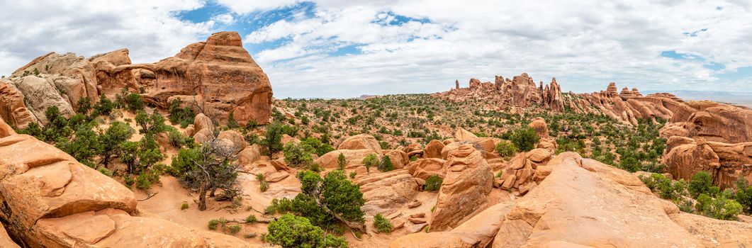 Panorama with Double-O Arch in Devils Garden Trail in Arches National Park, Utah