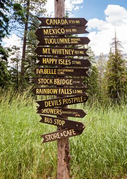 Signpost with distances to various places in Devils Postpile National Monument, California.