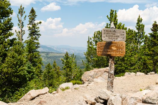 Signpost along Glacier Creek Trail in Rocky Mountain National Park, Colorado