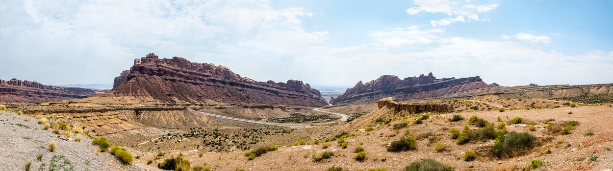 Panorama looking out onto Spotted Wolf Canyon in the San Rafael Swell, Utah