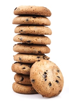 Tower of chocolate chip cookies isolated on white