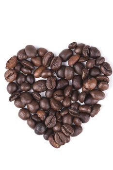 Heart shape coffee beans isolated on white background