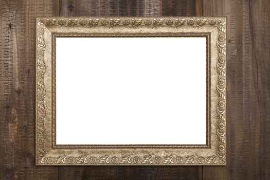 Horizontal Golden Empty Frame on Brown Wood Wall