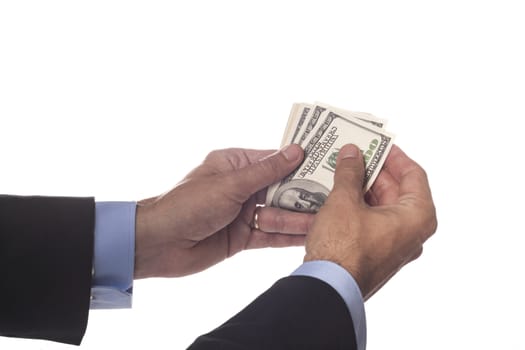 Men Hand in Suit Counting Dollar Banknotes Isolated on White Background