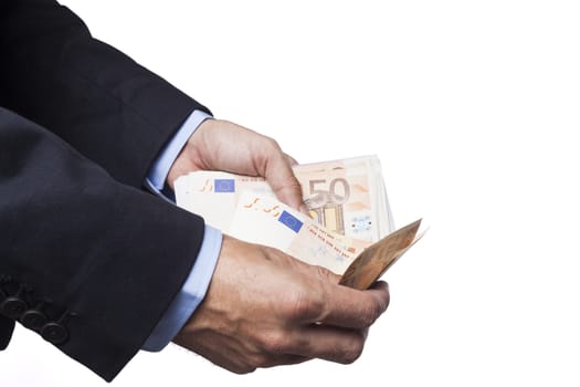 Man Hands in Suit Holding  Euro Banknotes Isolated on White Background