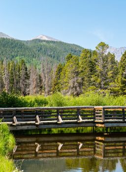 View of bridge from Sprague Lake Trail in Rocky Mountain National Park, Colorado