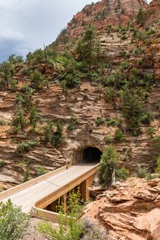 View of the Zion-Mount Carmel Tunnel from the Canyon Overlook Trail in Zion National Park, Utah