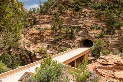 View of the Zion-Mount Carmel Tunnel from the Canyon Overlook Trail in Zion National Park, Utah