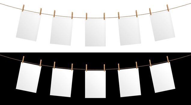 Empty paper sheet hanging on rope, isolated on black and white background, mock up for your project, poster template